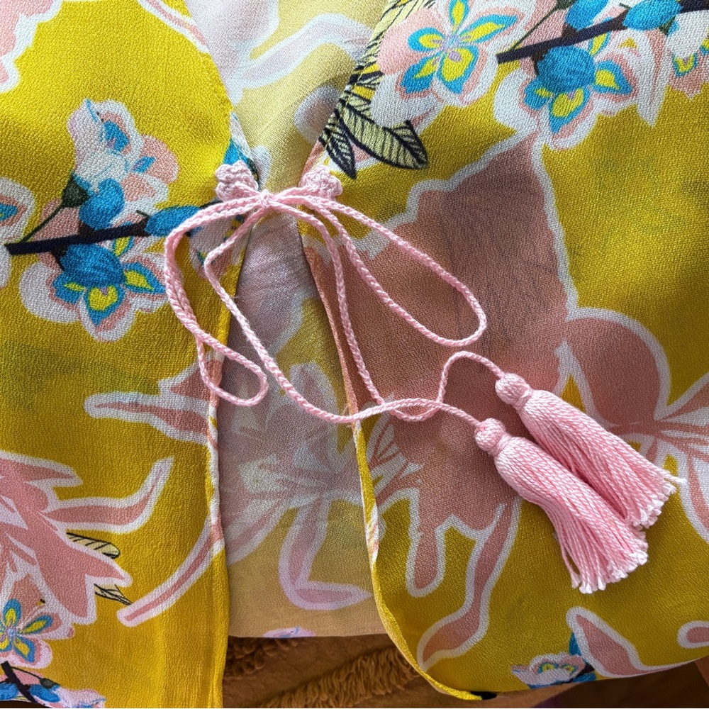 👘ANTHROPOLOGIE Floral Yellow Kimono, One Size - Picture 3 of 11